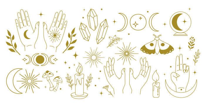 Boho Mystical Line Art Symbols with Moons, Crystals, Hands.Mystical set spiritual symbols crystals, moons, hands, candles, stars, celestial elements icons, witchy designs, astrology, esoteric.Vector