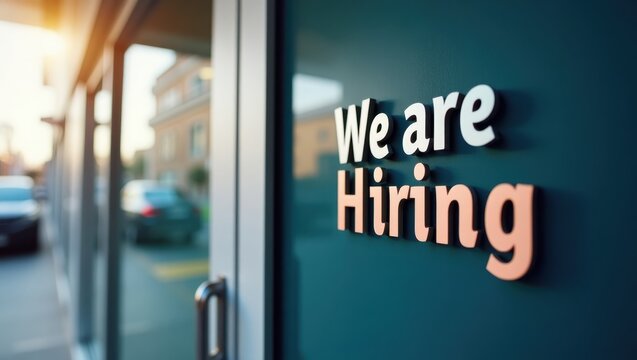We Are Hiring. Job Openings Available. Product ad banner copy text. Bold sign on door announces job openings, signaling opportunity and possibility for new beginnings locally.