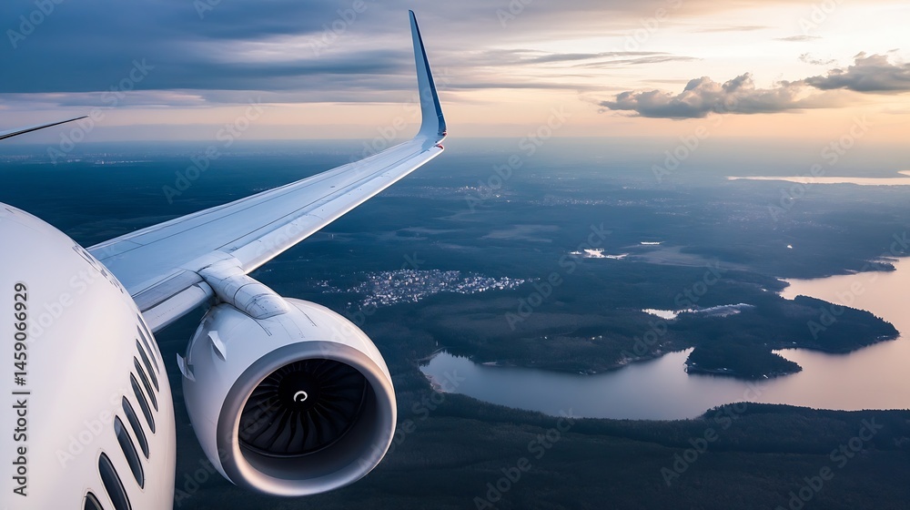 Poster airplane wing and engine view from above, showcasing a serene sunset landscape with a vast lake and 