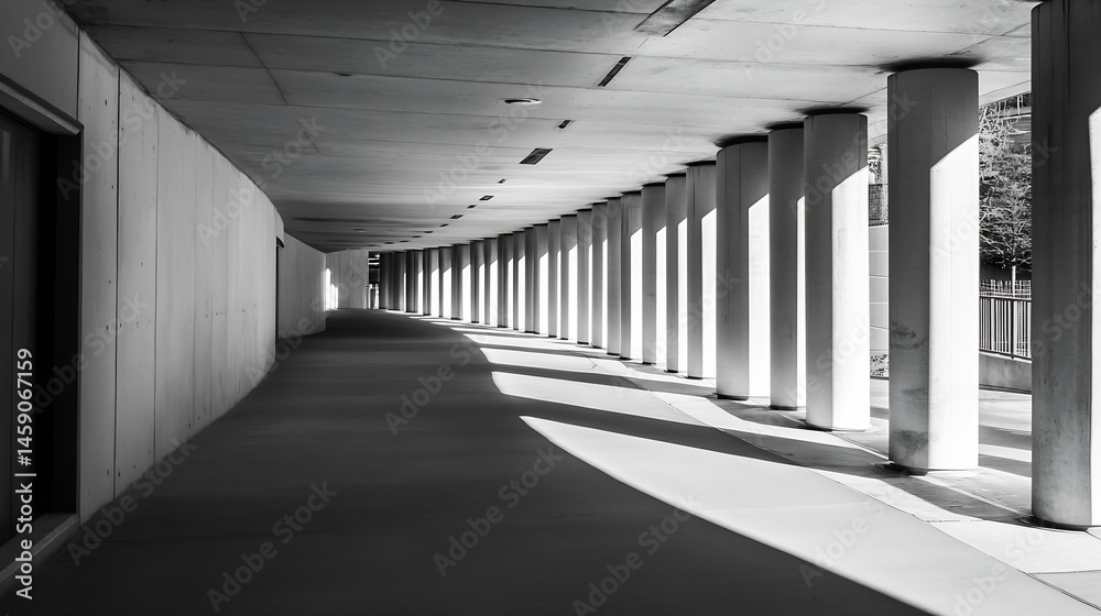 Poster sunlit modern colonnade: a long, sun-drenched walkway lined with cylindrical concrete pillars create