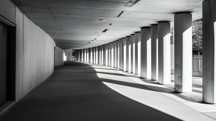 Sunlit Modern Colonnade: A long, sun-drenched walkway lined with cylindrical concrete pillars creates a striking architectural perspective, showcasing shadows and light interplay. : Generative AI