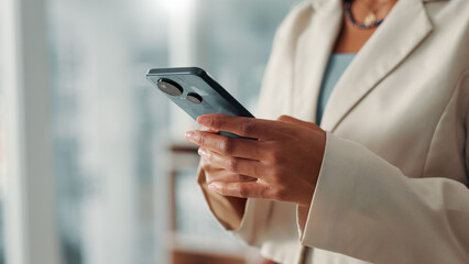 Hands, phone and business woman typing for communication, internet connection or networking. Employee, person and technology for marketing email, search and planning online with access and space