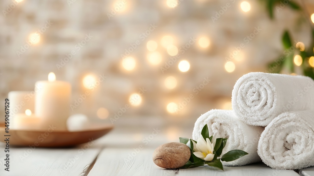 Poster serene spa setting with rolled white towels, candles, and a wooden stone, illuminated by warm bokeh 