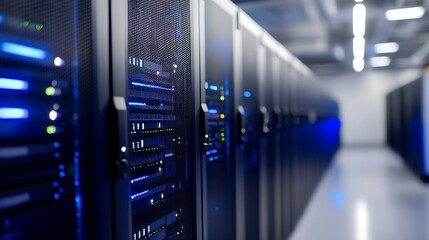 A row of modern data center servers glows with blue lights, showcasing advanced technology and digital infrastructure in a clean, high-tech environment. : Generative AI