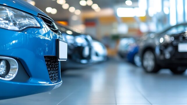 Close-up view of a blue car's front bumper in a modern showroom, other vehicles blurred in the background, showcasing automotive design and dealership environment. : Generative AI