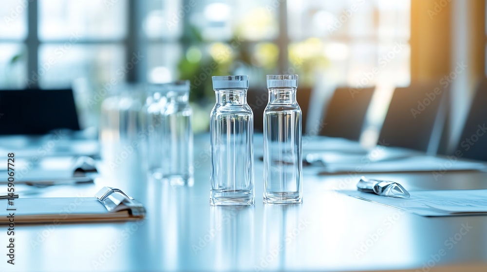Poster two clear glass water bottles sit on a conference table in a modern office, sunlight streams through