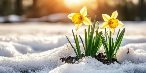 Naklejka premium Daffodils blooming in the snow