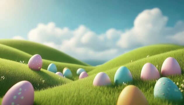 pastel easter eggs on grassy hills under blue sky whimsical spring background for web design, print graphics, seasonal branding or digital assets

