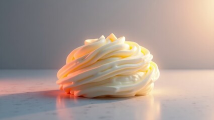 Whipped beef tallow. Frozen Buttercream. Abstract futuristic concept. Melting pat of whipped tallow on yellow frosting base evokes coldness and emotional fragility upstairs.