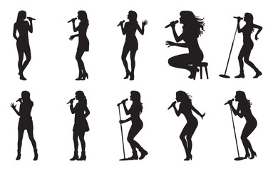 Collection of woman singer silhouettes in dynamic poses, performing with microphone, black vector set  