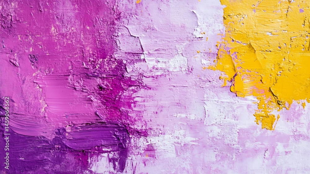Poster Abstract painting with purple, white, and yellow paint strokes, showcasing texture and vibrant color contrasts.  The impasto technique creates a dynamic visual experience. : Generative AI