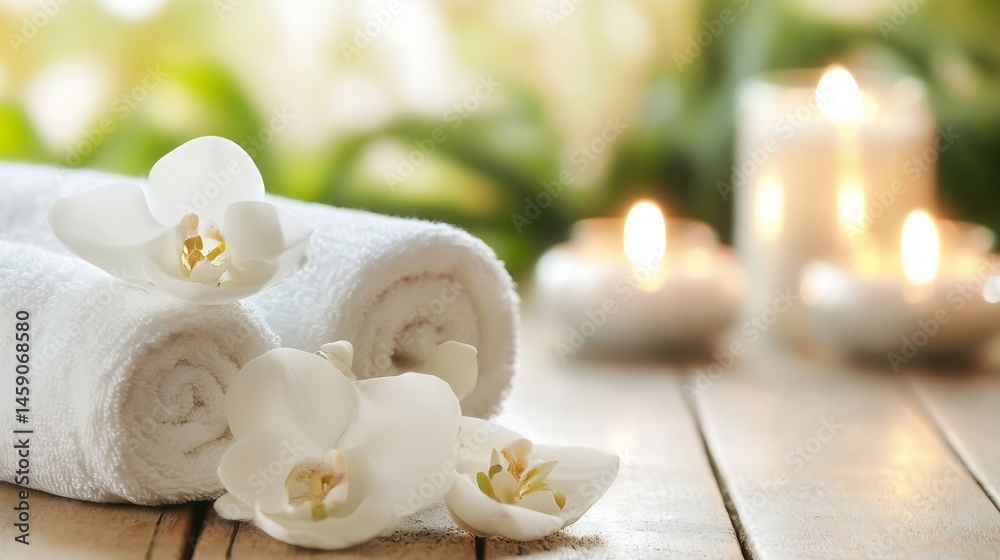 Poster spa treatment scene with rolled white towels, delicate white orchids, and softly glowing candles cre