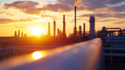 Fototapeta premium Silhouetted refinery at sunset, industrial landscape with tall towers and pipelines, vibrant orange and purple sky, sun reflecting on metal, energy production. : Generative AI