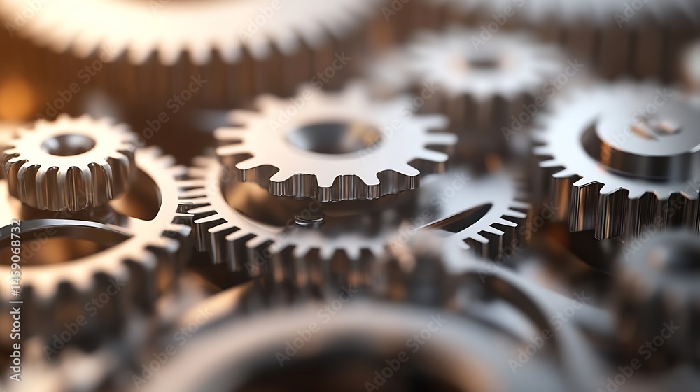 Aufkleber Close-up view of intricate metal gears, showcasing precision engineering and complex mechanics.  The image highlights the detailed teeth and intermeshing components of a gear system. : Generative AI