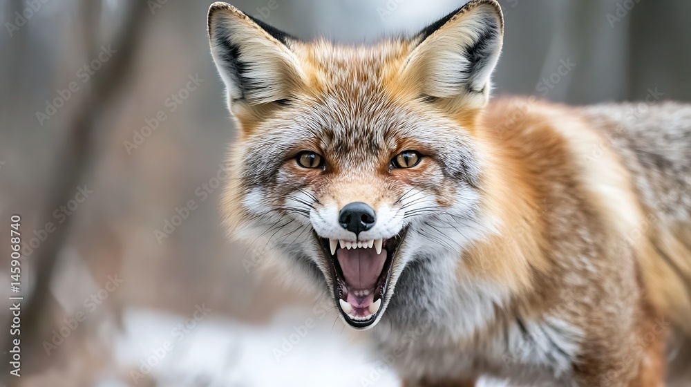 Poster close-up portrait of a red fox with its mouth open, showing sharp teeth, in a blurred winter forest 