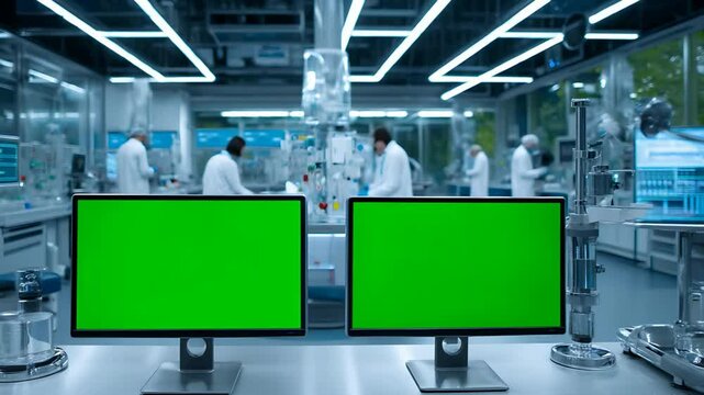 The video shows two empty green computer monitors in a modern laboratory setting, with scientists working in the background.