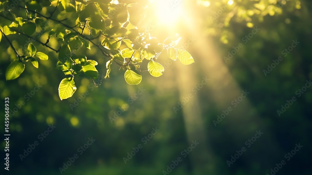 Poster sunlight filtering through vibrant green leaves on a tree branch, creating a serene and peaceful nat