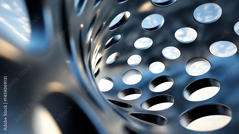 Poster Abstract metallic structure with circular perforations, showcasing a blurred sky through the openings.  The image evokes a sense of depth and technological advancement. : Generative AI