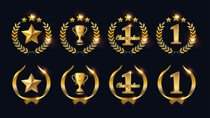 Gold Award Badges and Champion Emblems Set – No.1 Trophy, Star, Laurel Wreath, and Winner Medals Vector Collection