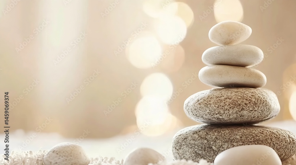 Poster serene stack of smooth, light gray stones on a soft, white surface with a blurred, warm beige backgr