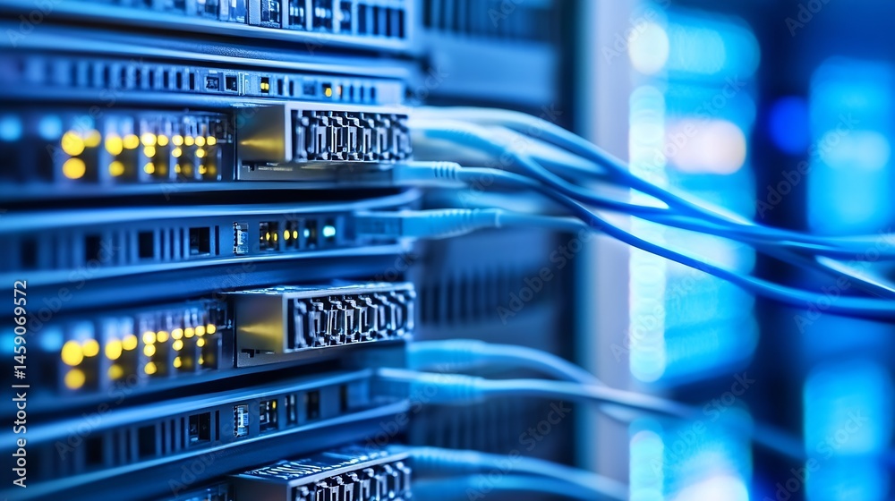 Poster close-up view of network server equipment, showcasing fiber optic cables and illuminated ports, sugg