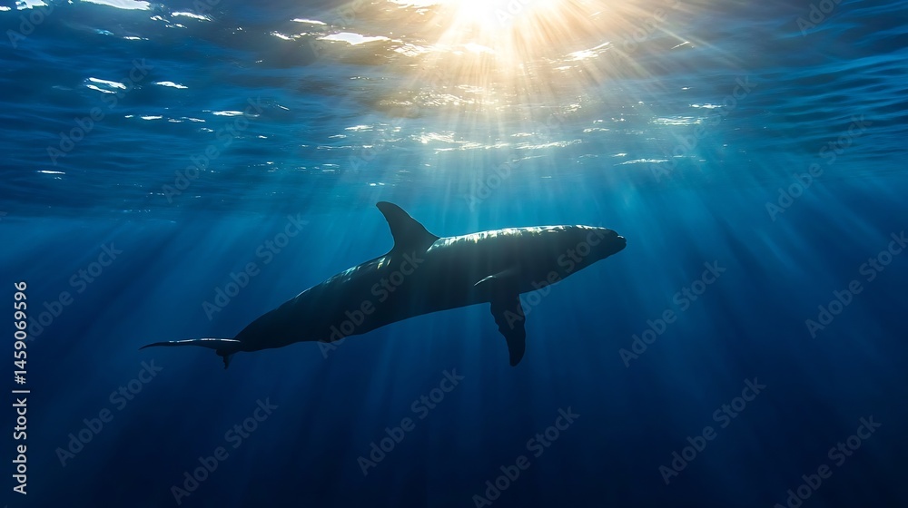 Poster silhouette of a dolphin swimming gracefully in deep blue ocean water, sunbeams illuminating the scen
