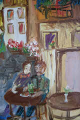 Pair man and woman at street cafe table outside. Romantic couple genre painting. Oil brush strokes texture on canvas surface fine art illustration effect.