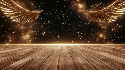 Podium stage motivation. Golden angel wings hover over a wooden floor with a star-filled night sky in the background, creating a magical and celestial atmosphere.