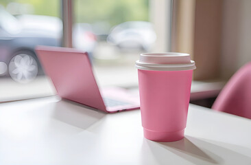 Stylish pink cup of hot coffee to take away near a laptop in a cafe. Workplace of an employed freelancer, digital designer and SMM specialist. Concept of remote work