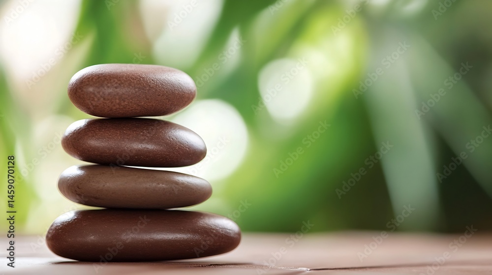 Poster stack of brown stones on wooden surface, serene spa setting with blurred green foliage background. p