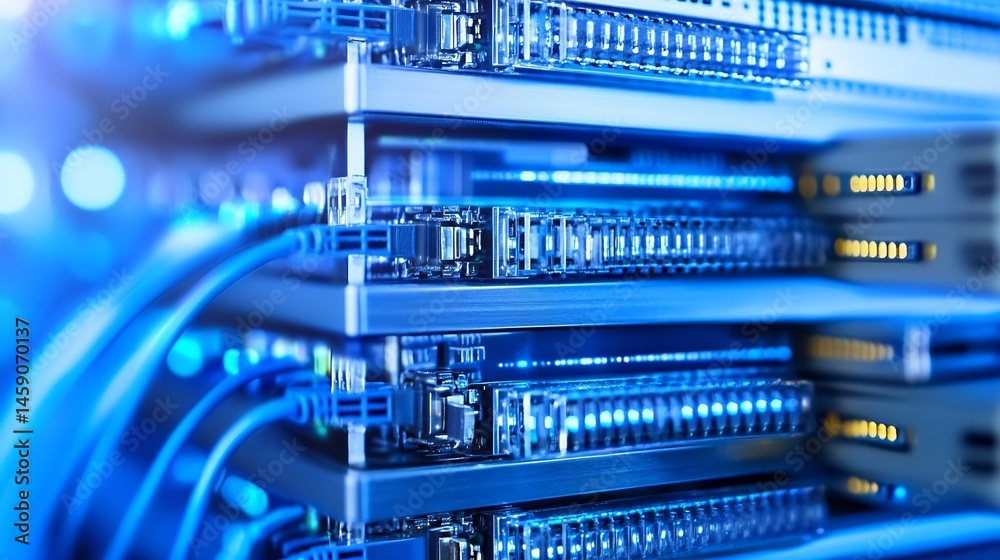 Aufkleber close-up view of a server rack with fiber optic cables, showcasing intricate details of network hard