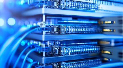 Close-up view of a server rack with fiber optic cables, showcasing intricate details of network hardware and connections in a cool blue light. : Generative AI