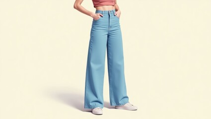 Wide-Leg Jeans. Gentle femininity. Isolated 2D Isometric Illustration. Woman in gentle, feminine outfit conveys approachability and softness in her wide-leg jeans illustration.