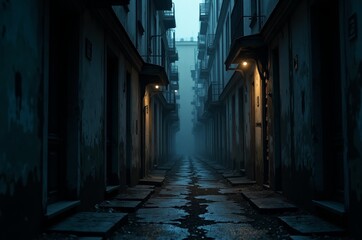 Obraz premium Narrow alleyway with tall buildings on either side Rainsoaked stone path leading between old