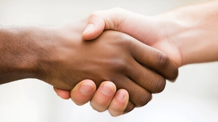 Fototapeta premium Close-up shot of two hands clasped together, showcasing diverse skin tones, symbolizing unity, partnership, and collaboration. : Generative AI