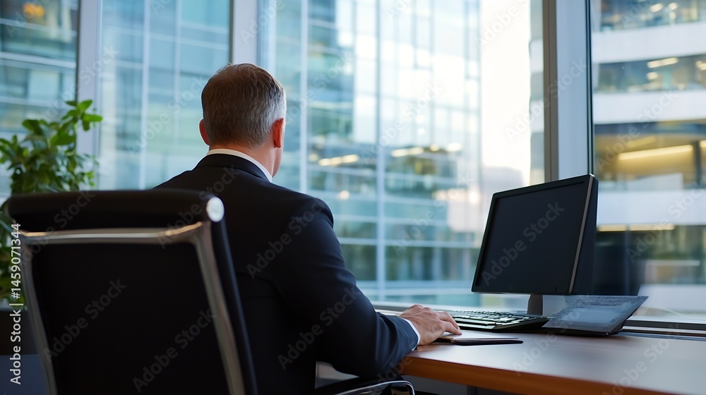 Poster a businessman sits at his desk in a modern office, looking out at the city skyline through a large w