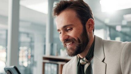Businessman, phone and smile for funny social media meme, distraction or online joke on work break....