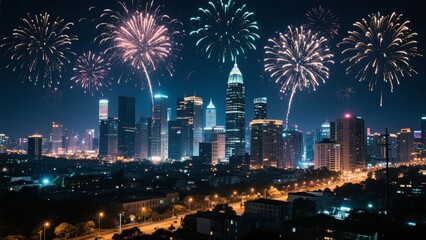 Fireworks Display Over a Cityscape at Night
