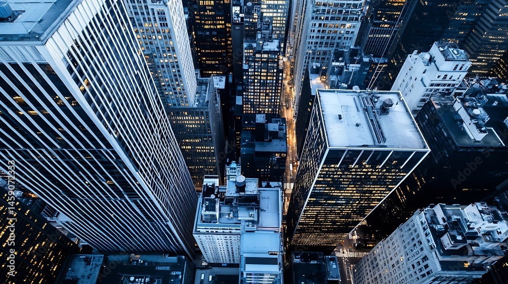 Poster aerial view of a city at dusk, showcasing numerous skyscrapers with illuminated windows, revealing a