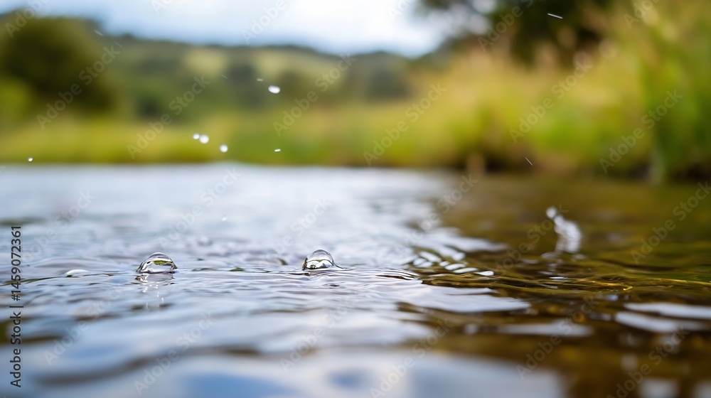 Poster Close-up view of water droplets impacting a calm stream, creating ripples and small splashes.  The background shows a blurred, idyllic natural landscape with green vegetation and hills : Generative AI