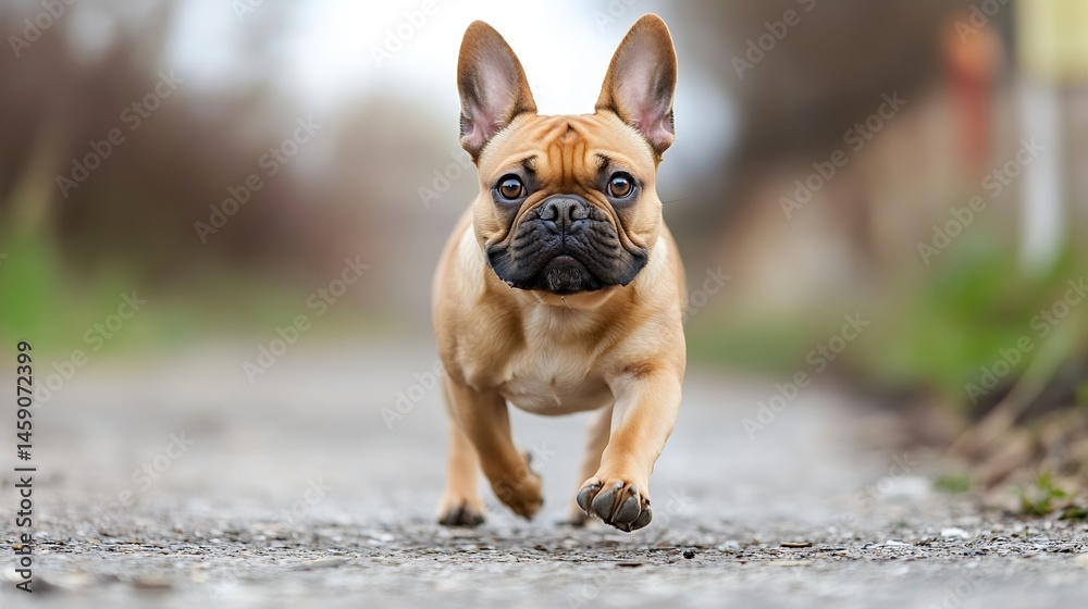 Poster a fawn-colored french bulldog puppy runs towards the camera on a gravel path, its expression alert a