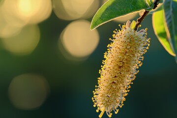 Naklejka premium A close-up of a blooming yellow catkin hanging from a willow tree branch in sunlight.