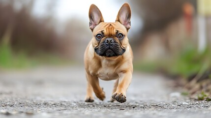 A fawn-colored French bulldog puppy runs towards the camera on a gravel path, its expression alert and playful, blurred background suggesting outdoor setting. : Generative AI
