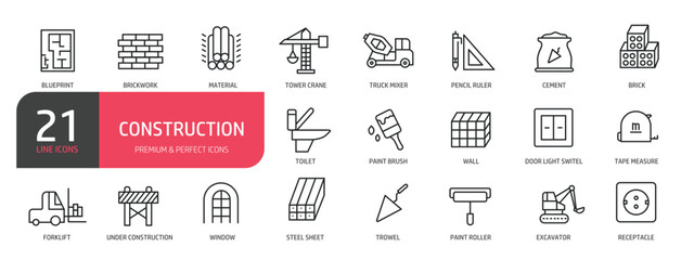Set of line icons related to blueprint, material, tower crane, excavator, cement. Outline icons collection. Editable stroke. Vector illustration.