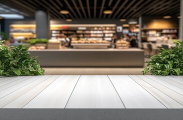 Fototapeta premium Empty light wooden tabletop in front of a blurred food market interior. Fresh greenery on either side