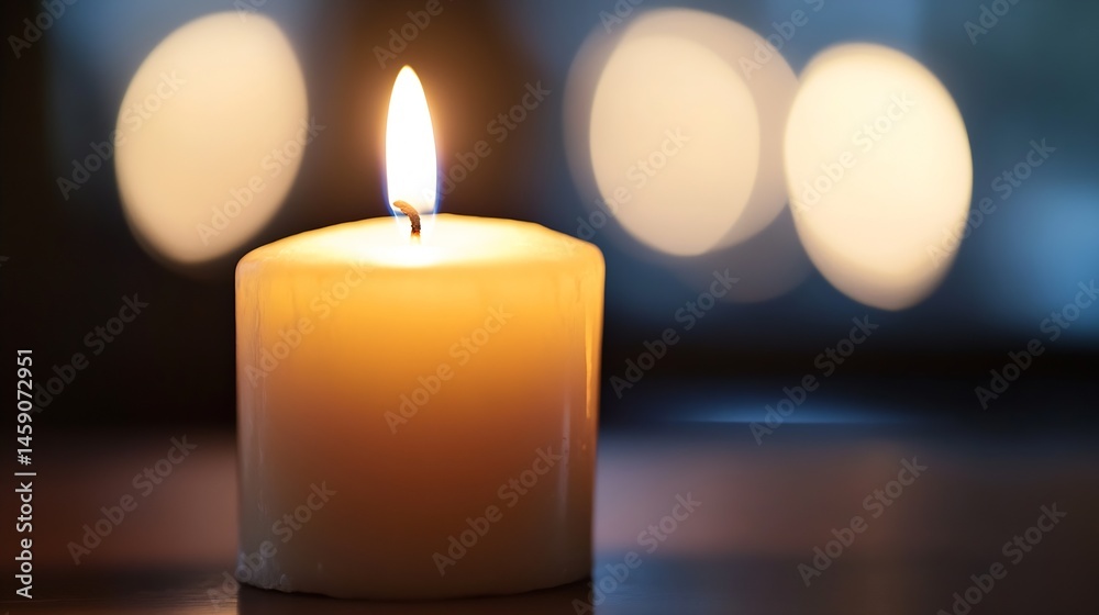 Fototapete A single, lit candle glows warmly on a dark surface, its soft light contrasting with the blurred bokeh of other lights in the background, creating a serene and peaceful atmosphere. : Generative AI