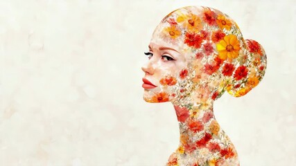 Floral transformation: woman’s artistic floral overlay from profile to frontal view - Powered by Adobe