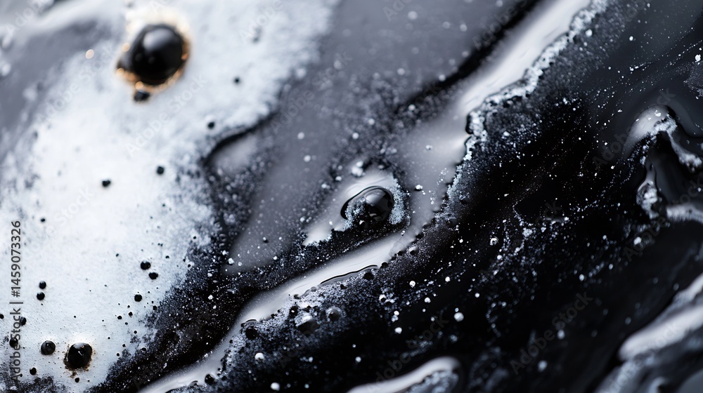 Poster Abstract close-up of black and white liquid with small bubbles and droplets, creating a dynamic, contrasting texture.  The image evokes a sense of fluidity and movement. : Generative AI
