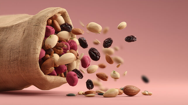 Healthy Nut Mix and Raisins Pouring From Sack on Pink Surface