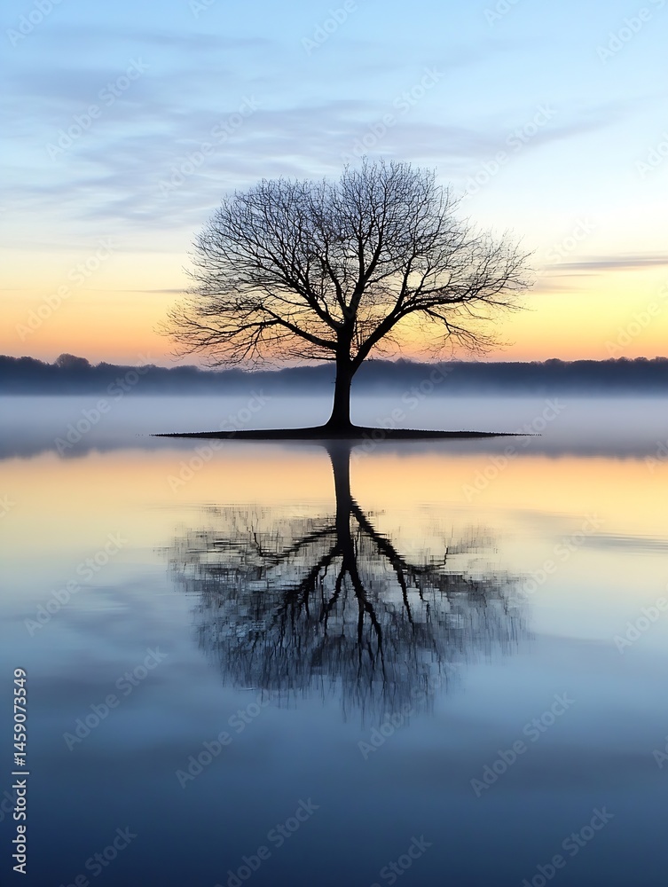 Leinwandbilder silhouette of a leafless tree standing alone on a small island in a misty lake at sunrise, its refle